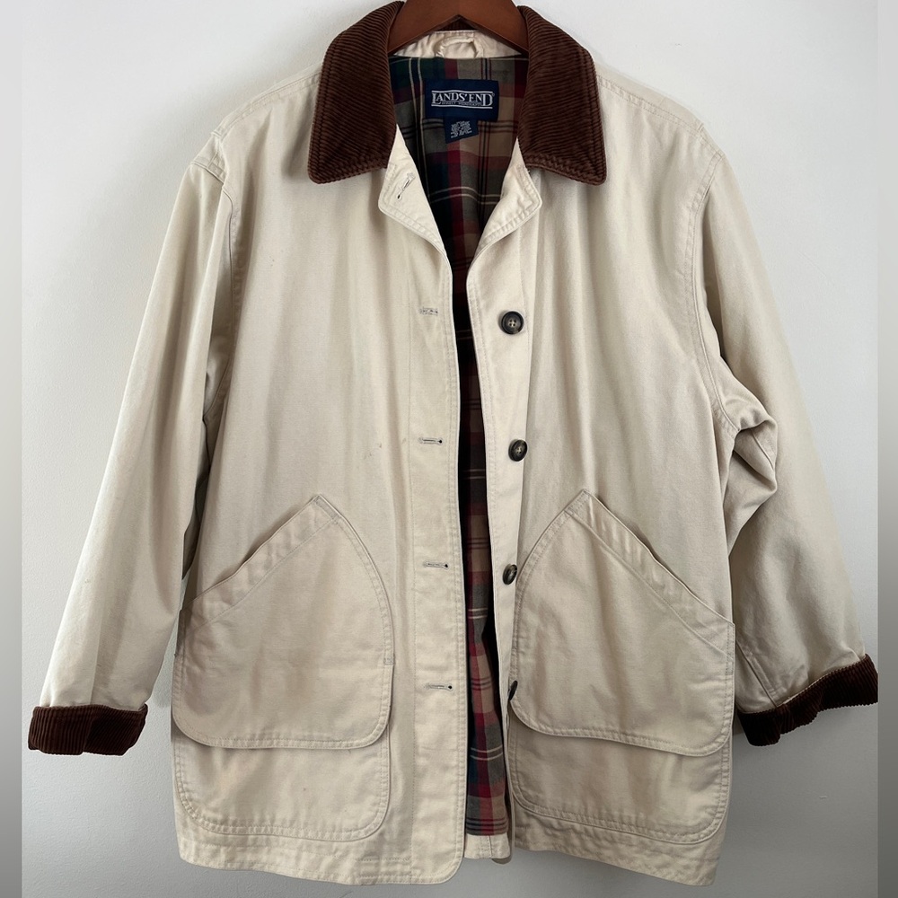 Lands End Vintage Beige Canvas Corduroy Trim Barn Jacket | Size Large - Picture 2 of 11
